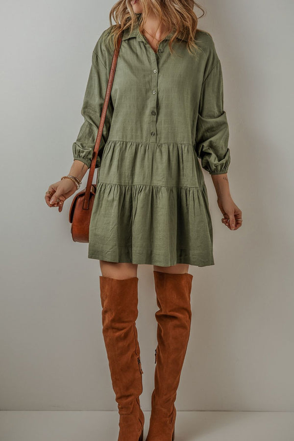 tiered-collared-neck-balloon-sleeve-shirt-dress OhSoStyled - Sophia's Style-1